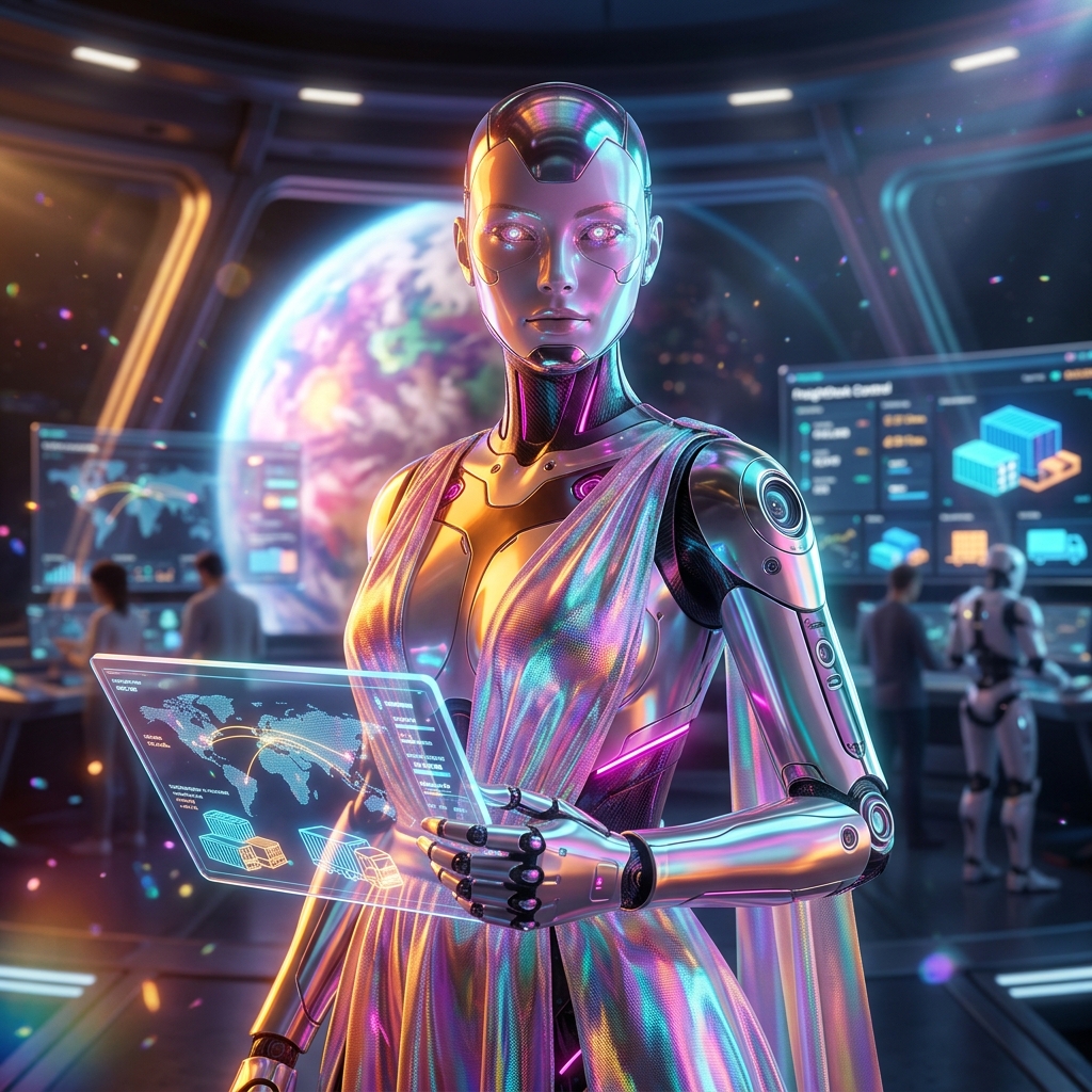 FreightDesk Control | Logistics Operations Studio — Delivery category hero — elegant fashion-forward android in flowing reflective couture fabric, editorial pose in orbital space station observation deck with a planet glowing outside the panoramic window