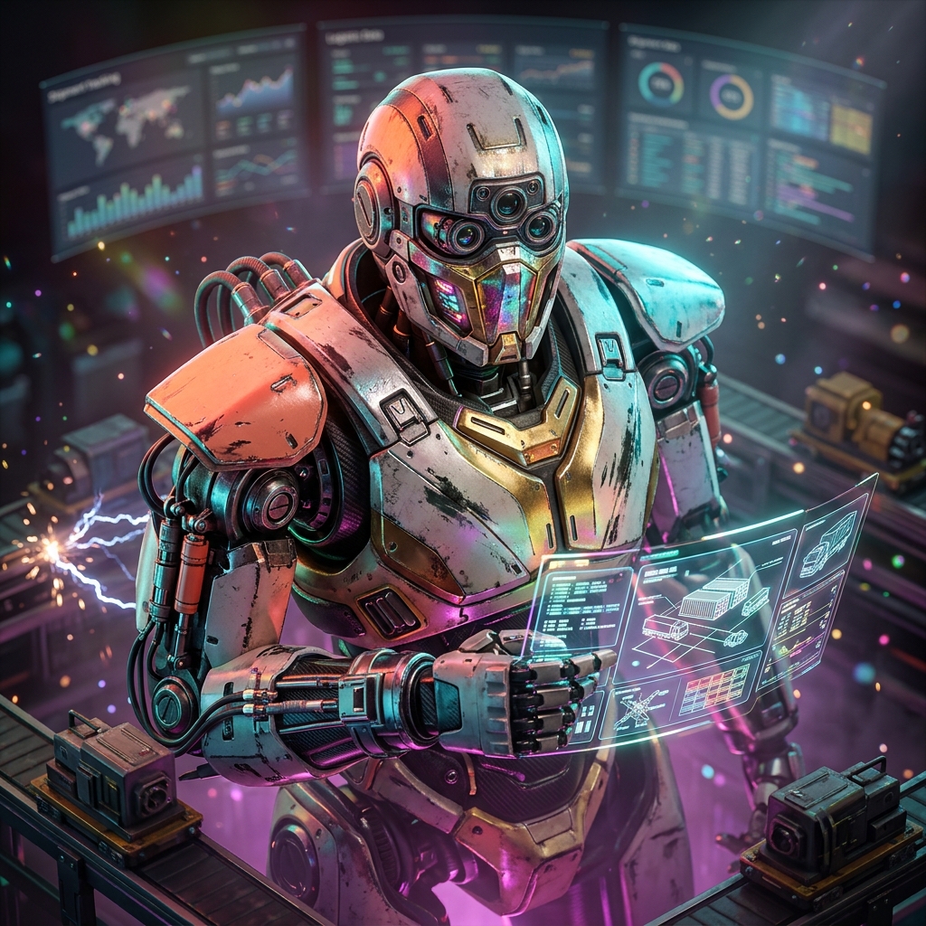 FreightDesk Control | Logistics Operations Terminal — Delivery category hero — war-worn but heroic mech pilot robot with painted panels, weathered detail, cinematic hero lighting in magnetic-levitation factory floor with sparking arcs of electricity and machinery