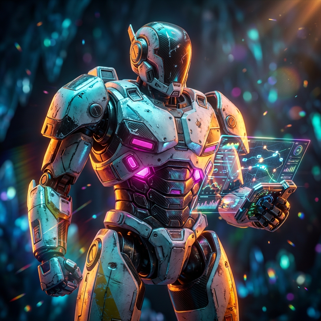 FreightPilot Command | Delivery Mission Control — Shipping & Logistics category hero — war-worn but heroic mech pilot robot with painted panels, weathered detail, cinematic hero lighting in crystalline ice cavern lit by bioluminescent tech installations
