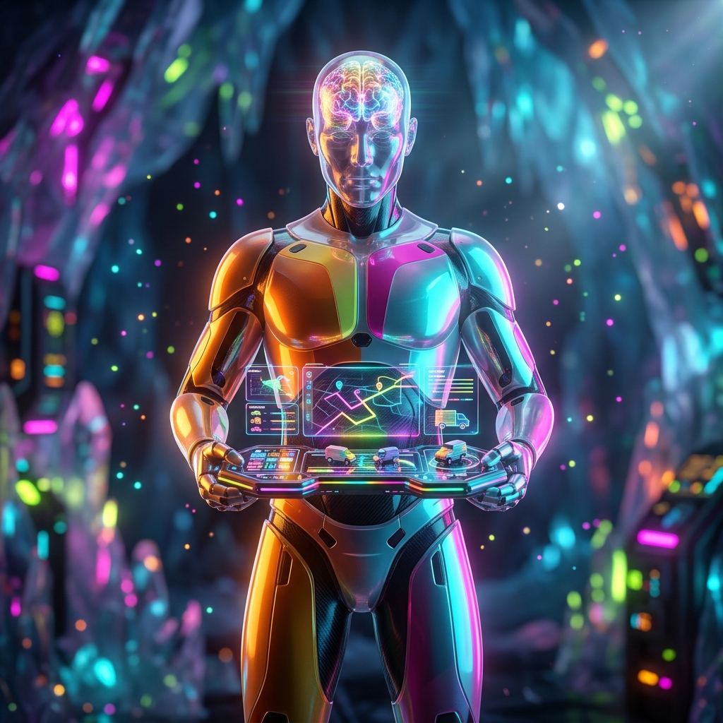 FreightPilot Command — Last-Mile Delivery Operations Suite — Delivery category hero — translucent glass humanoid figure with a glowing neural-network brain visible inside its head in crystalline ice cavern lit by bioluminescent tech installations