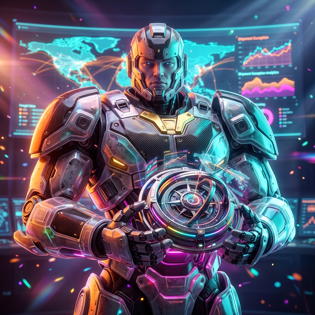 FreightWatch Mission Console — Shipment Exception Desk — Shipping & Logistics category hero — heavily armored guardian robot holding a symbolic emblem of the category with both hands in futuristic control room with massive glowing holographic screens and volumetric light rays