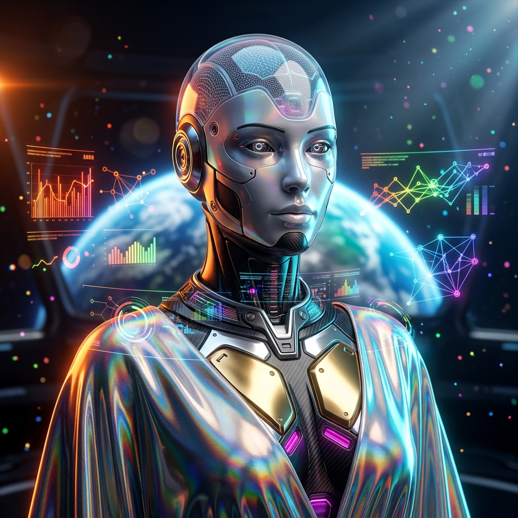 Fulcrum Supply Board | Procurement Neural Command β Accessibility category hero β elegant fashion-forward android in flowing reflective couture fabric, editorial pose in orbital space station observation deck with a planet glowing outside the panoramic window