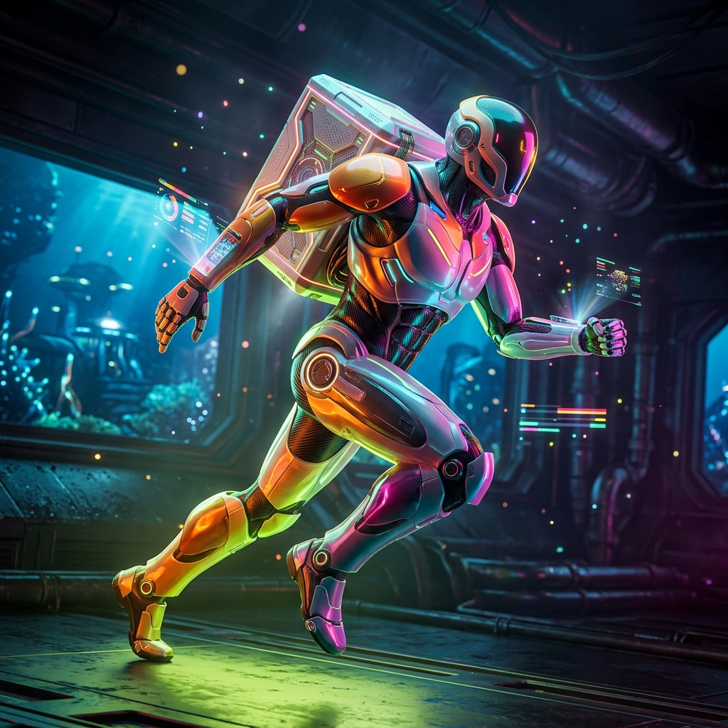 FulfillGrid — Commerce Operations Terminal — E-commerce category hero — sleek sports-car-inspired bipedal android mid-motion, carbon-fiber musculature and glowing accent lines in deep-sea research bay with bulkhead windows onto a bioluminescent ocean