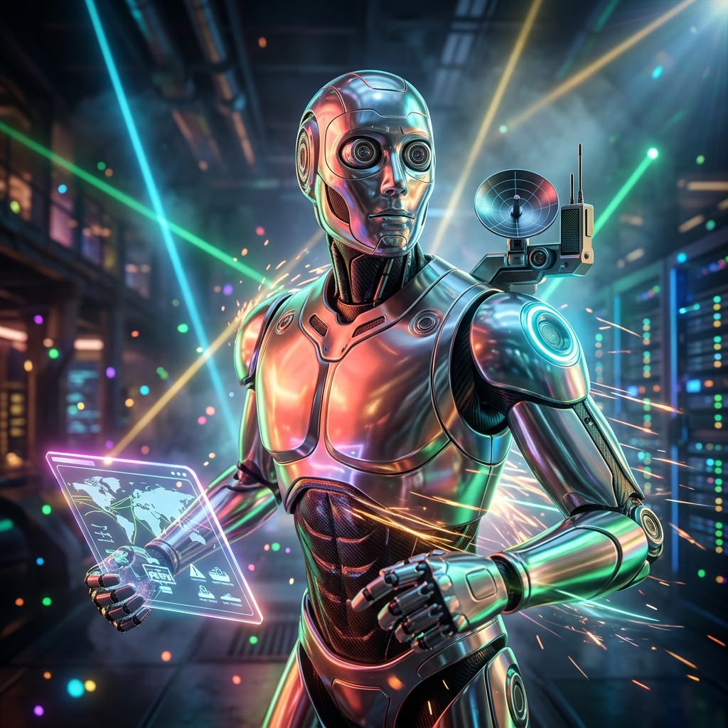 FunnelForge — Waste Ops Command — Shipping & Logistics category hero — chrome-plated bipedal android caught mid-motion, sparks and light particles trailing around it in underground rave-like data cathedral with laser beams cutting through smoke