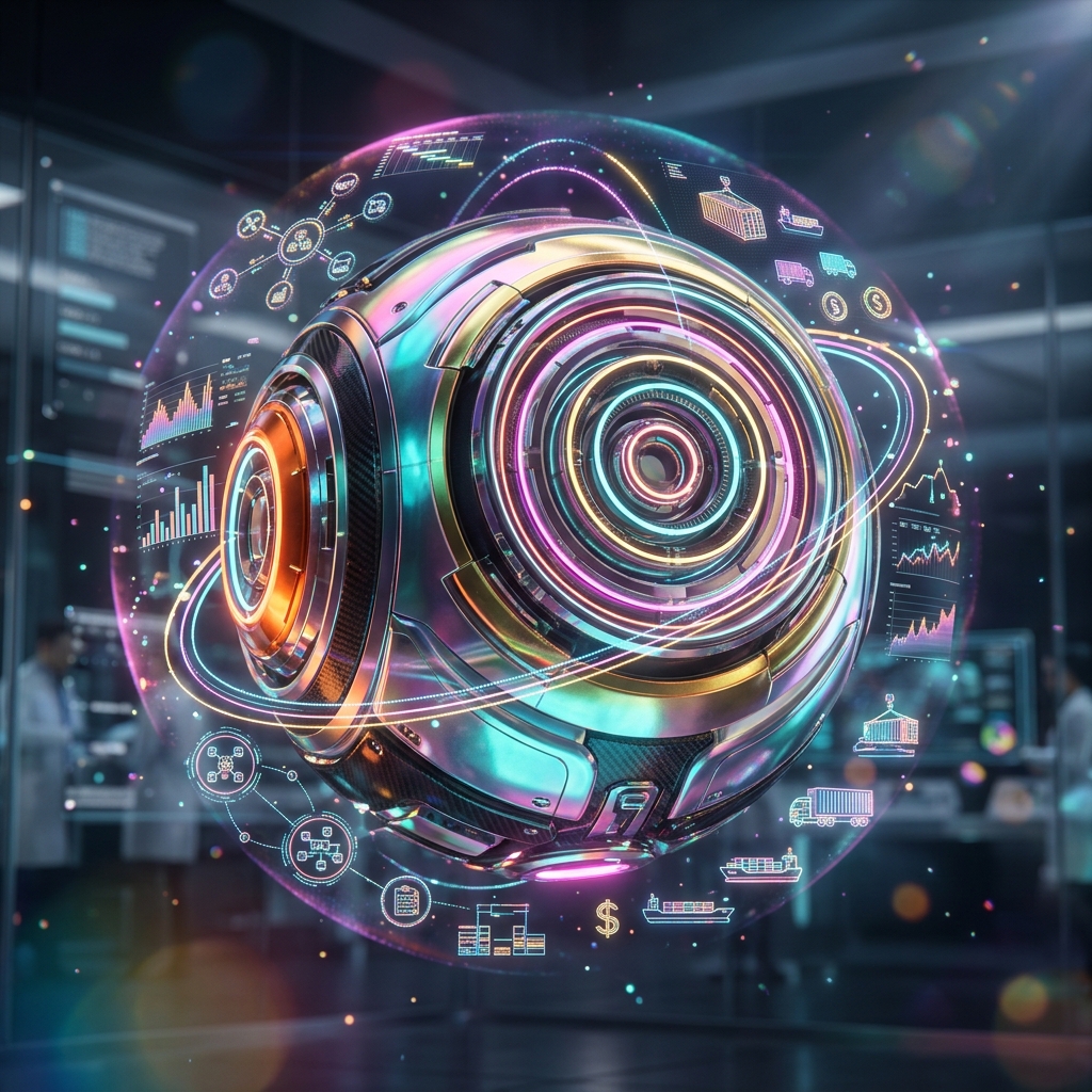 GanttGrid · CPQ & Supply Chain Neural Board — Business Management category hero — floating spherical AI orb with concentric glowing rings and orbiting holographic icons around it in sleek high-tech laboratory with glass walls, floating data panels and particle light