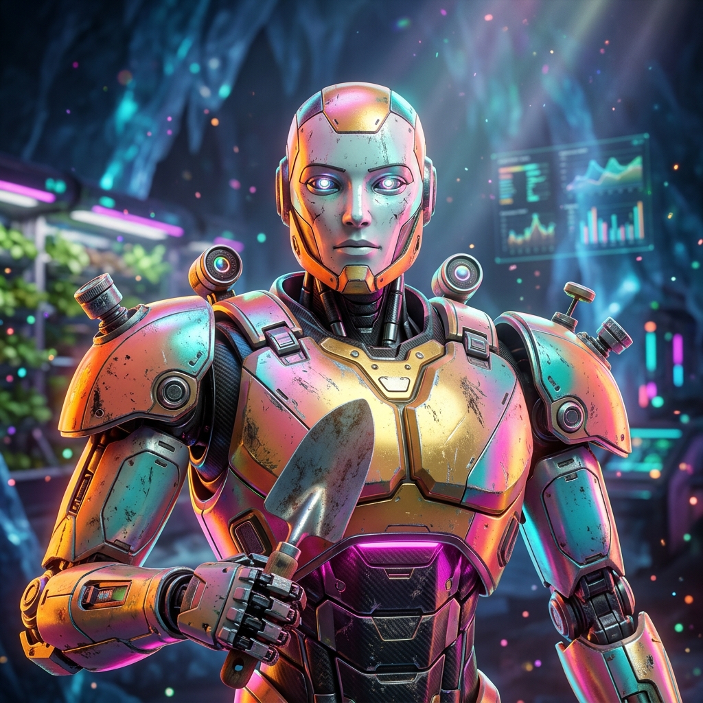 gardening | Plotline — Field Reliability Console — Gardening category hero — war-worn but heroic mech pilot robot with painted panels, weathered detail, cinematic hero lighting in crystalline ice cavern lit by bioluminescent tech installations