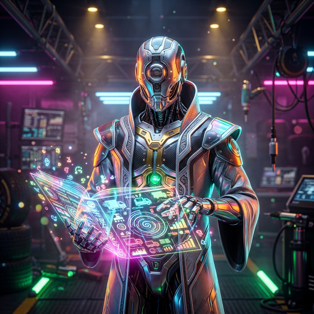 Gastronomics — Restaurant Financial Strategy Terminal — Delivery category hero — sci-fi wizard robot with a floating spellbook of holographic glyphs and light particles in Formula-1 style pit garage with saturated color lighting and mechanical detail