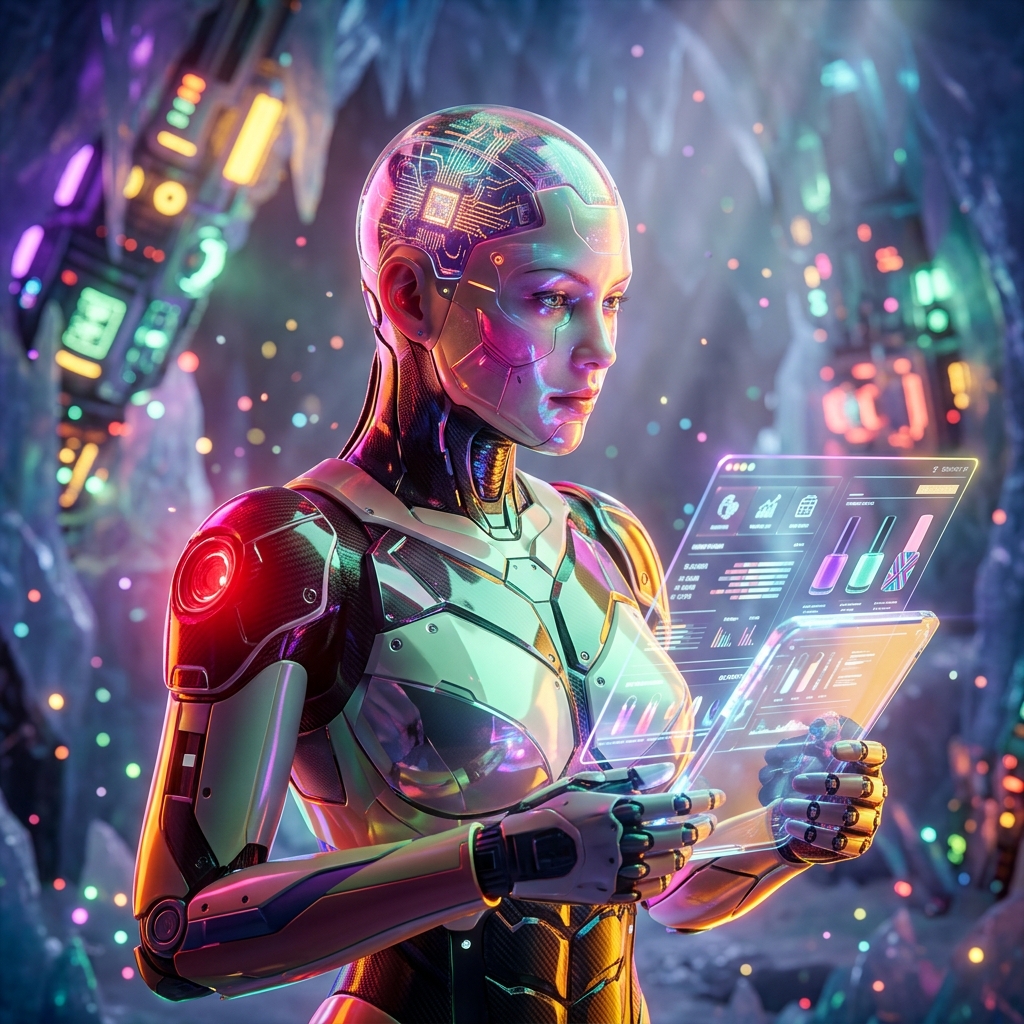 GelLab Command — Nail Studio Operations Grid — Business Management category hero — cinematic cyborg character seen in three-quarter profile, exposed circuitry glowing beneath translucent skin, intense neon rim light in crystalline ice cavern lit by bioluminescent tech installations