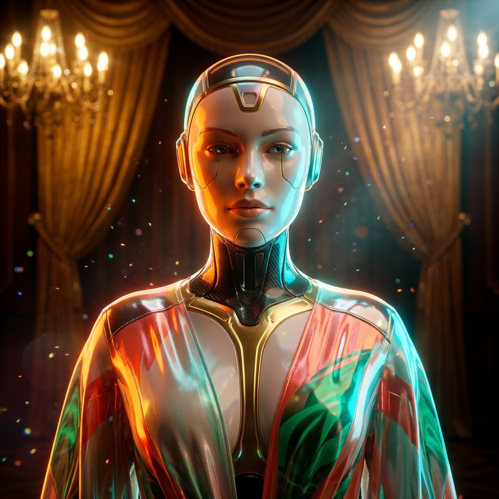 GlamStudio Suite — Clinical Case Command Center — Art category hero — elegant fashion-forward android in flowing reflective couture fabric, editorial pose in golden-lit theater interior with heavy velvet curtains and cinematic chandeliers