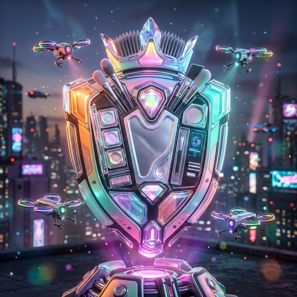GlamStudio Suite — Makeup Artist Command Wall — Art category hero — glowing digital shield / padlock / crown / crystal object at the frame center, protected by hovering tech drones in rooftop overlooking a neon megacity skyline at dusk, drones flying in the distance