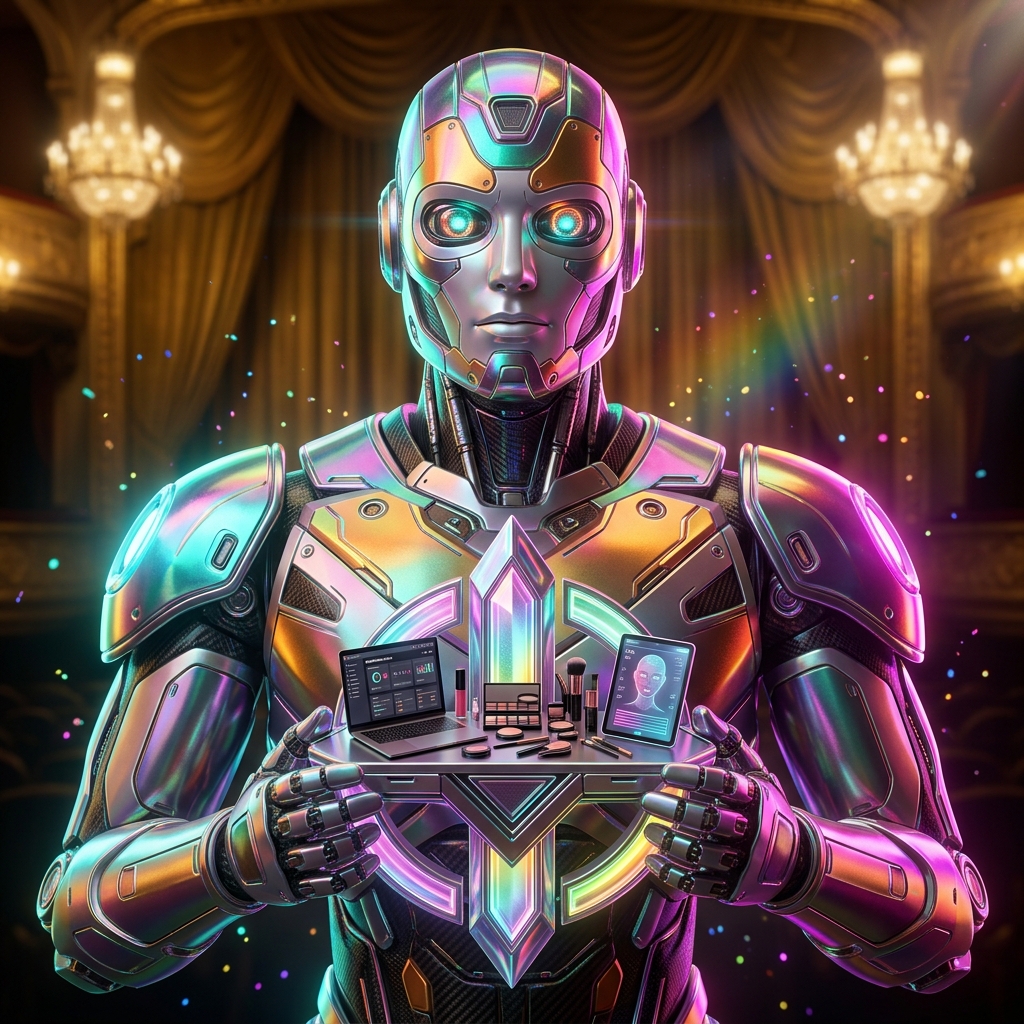 GlamStudio Suite — Pro Makeup Artist Command Wall — Art category hero — heavily armored guardian robot holding a symbolic emblem of the category with both hands in golden-lit theater interior with heavy velvet curtains and cinematic chandeliers