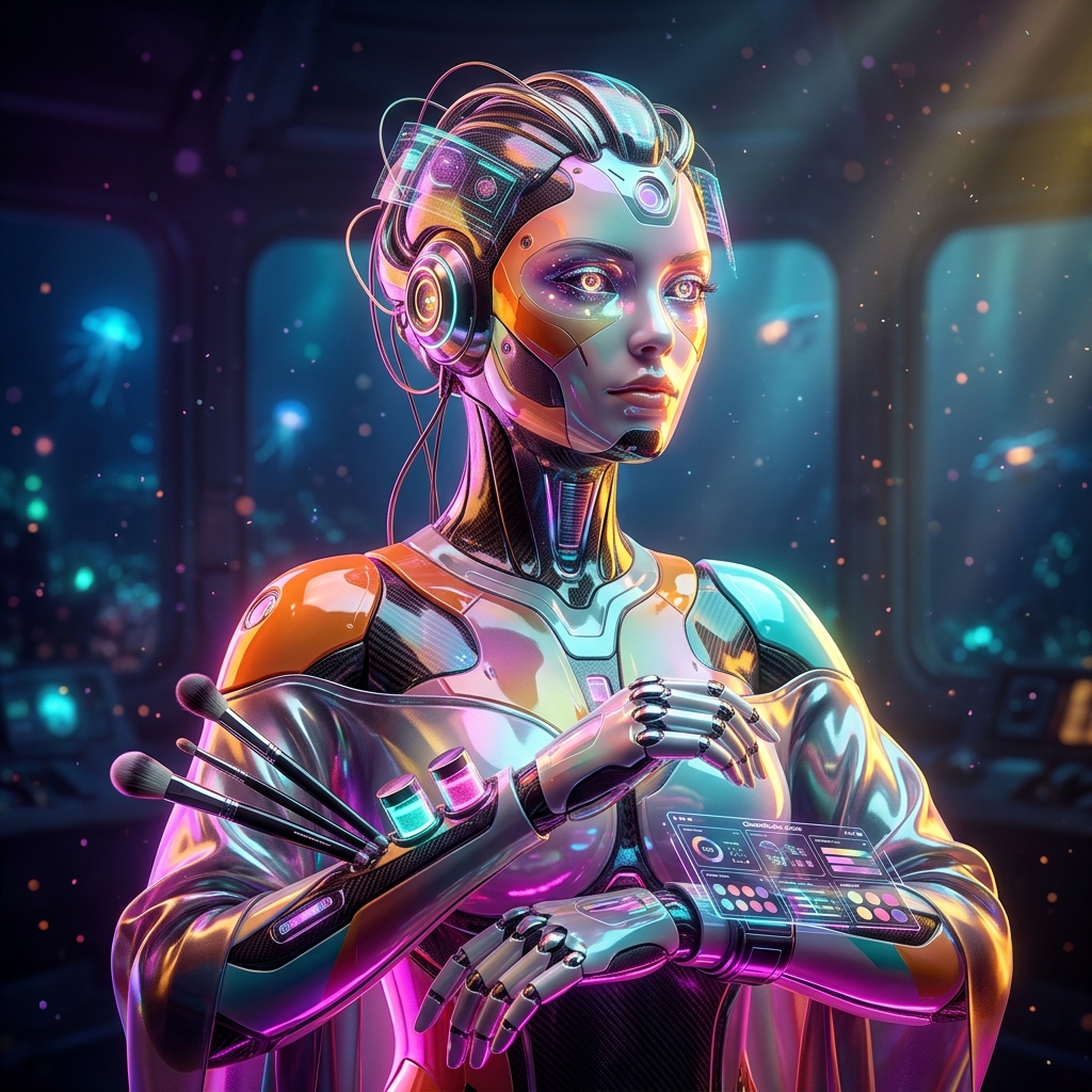 GlamStudio Suite — Pro Makeup Artist Operations Board — Art category hero — elegant fashion-forward android in flowing reflective couture fabric, editorial pose in deep-sea research bay with bulkhead windows onto a bioluminescent ocean