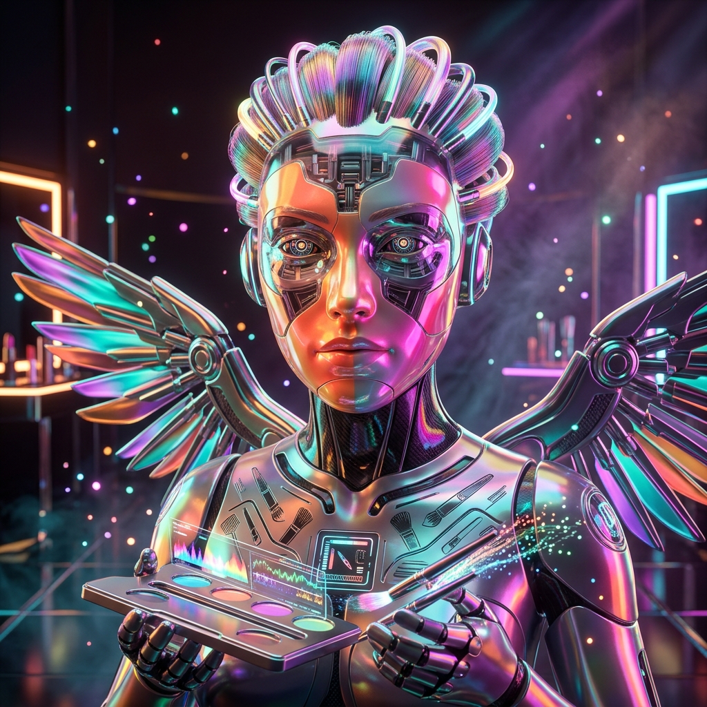 GlamStudio Suite — Pro Makeup Artist OS — Art category hero — courier-style android with iridescent wings unfurled, mid-flight silhouette against the environment in chrome-and-glass showroom with mirrored floor and rim-lit product staging