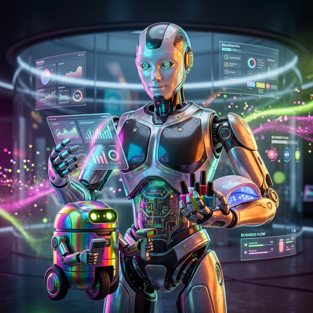 GlossFlow Pro — Nail Studio Operating System — Business Management category hero — duo of contrasting robots — one large hero mech and a small companion droid — composed cinematically in sleek high-tech laboratory with glass walls, floating data panels and particle light