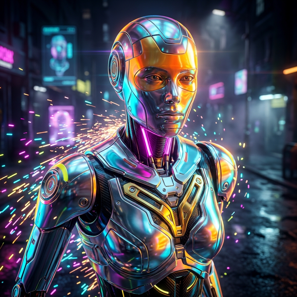 GlossIndex Studio — Nail Technician Command Center — Business Management category hero — chrome-plated bipedal android caught mid-motion, sparks and light particles trailing around it in neon-lit cyberpunk street at night, wet pavement reflections, hovering holograms in the background
