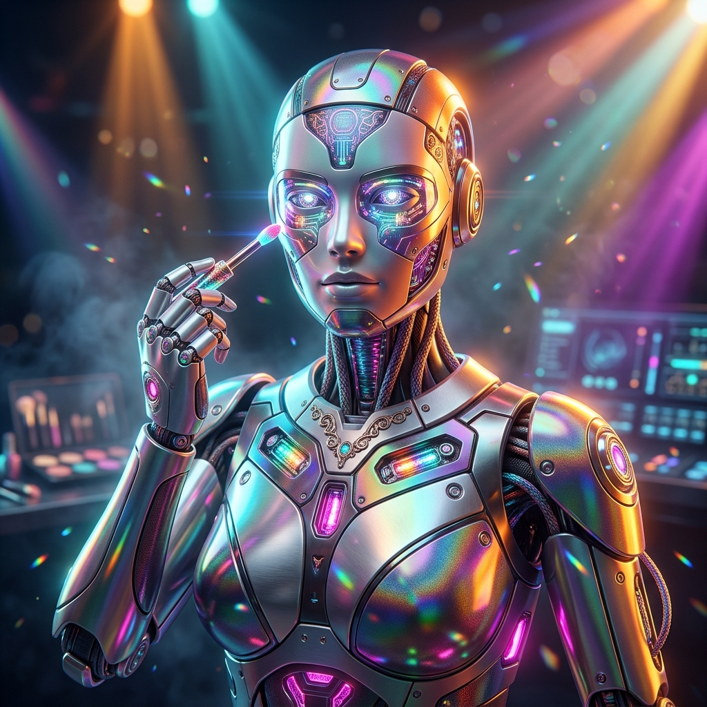 GlowFleet Studio Console · Makeup Artist Command — Art category hero — hyper-detailed humanoid robot with glossy plating and glowing visor eyes, striking a confident hero pose in the center of the frame in dark cinematic stage with dramatic spotlights streaming down and a hazy atmospheric fog