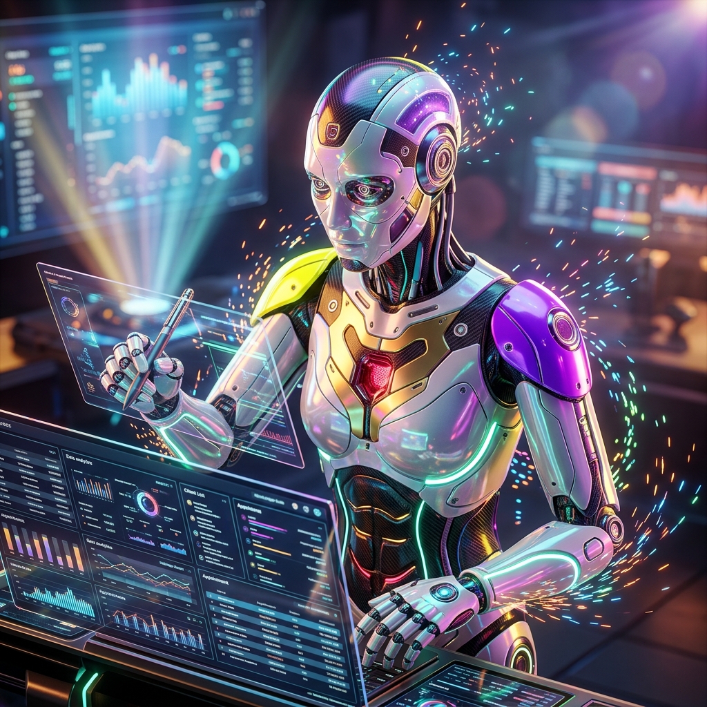 GlowLedger Suite — Salon & Spa Command Center — Business Management category hero — chrome-plated bipedal android caught mid-motion, sparks and light particles trailing around it in futuristic control room with massive glowing holographic screens and volumetric light rays
