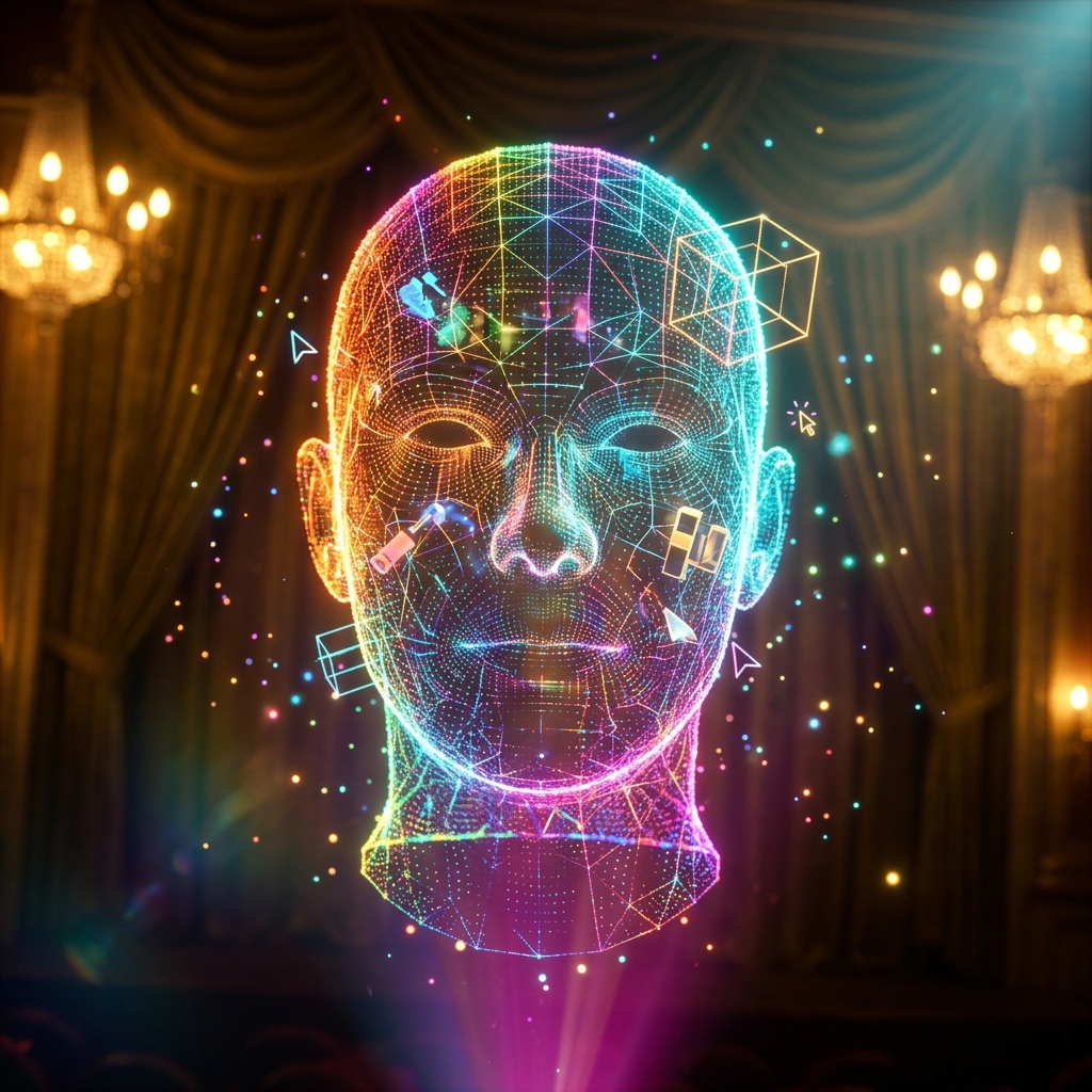 Grid3D Dispatch – Field Operations Grid for 3D Design Tools — 3D Design Tools category hero — wireframe holographic human head made of glowing data points, floating in the frame center in golden-lit theater interior with heavy velvet curtains and cinematic chandeliers