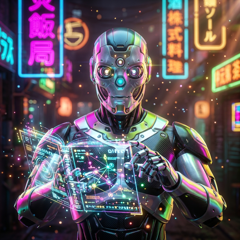 GridCore Dispatch — Field Operations Grid — Metaverse category hero — sci-fi wizard robot with a floating spellbook of holographic glyphs and light particles in Blade-Runner-style noodle-shop alley with dense neon signage in the background