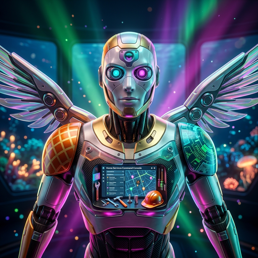 Gridiron FieldOps — Home Services Command Console — Home Organization & Daily Planning category hero — courier-style android with iridescent wings unfurled, mid-flight silhouette against the environment in deep-sea research bay with bulkhead windows onto a bioluminescent ocean