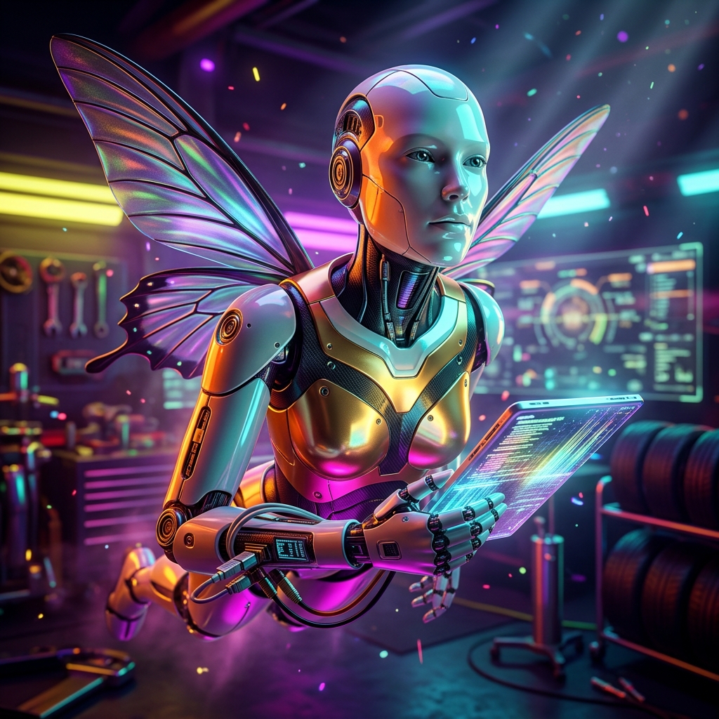 GridOps Dispatch — Field Operations Command — File Sharing category hero — courier-style android with iridescent wings unfurled, mid-flight silhouette against the environment in Formula-1 style pit garage with saturated color lighting and mechanical detail