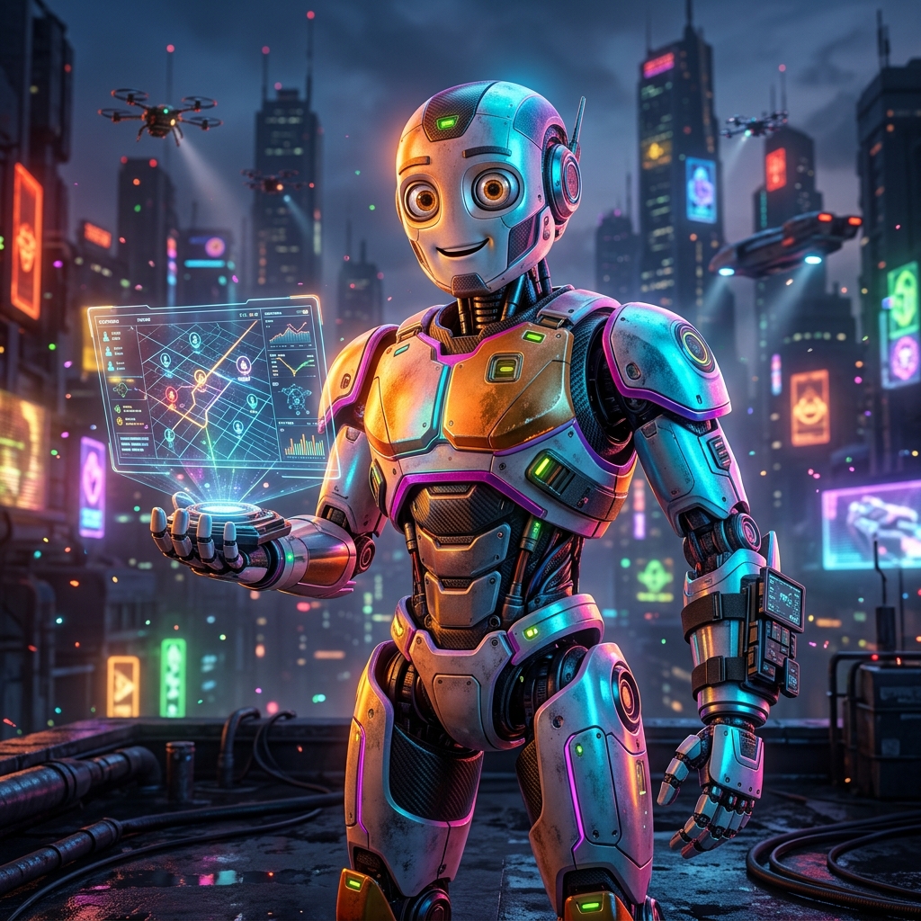 GridPilot Dispatch — Field Operations Command — Productivity & Productivity Suites category hero — friendly Pixar-quality mascot robot with big expressive optical eyes, holding an object that represents the category in rooftop overlooking a neon megacity skyline at dusk, drones flying in the distance