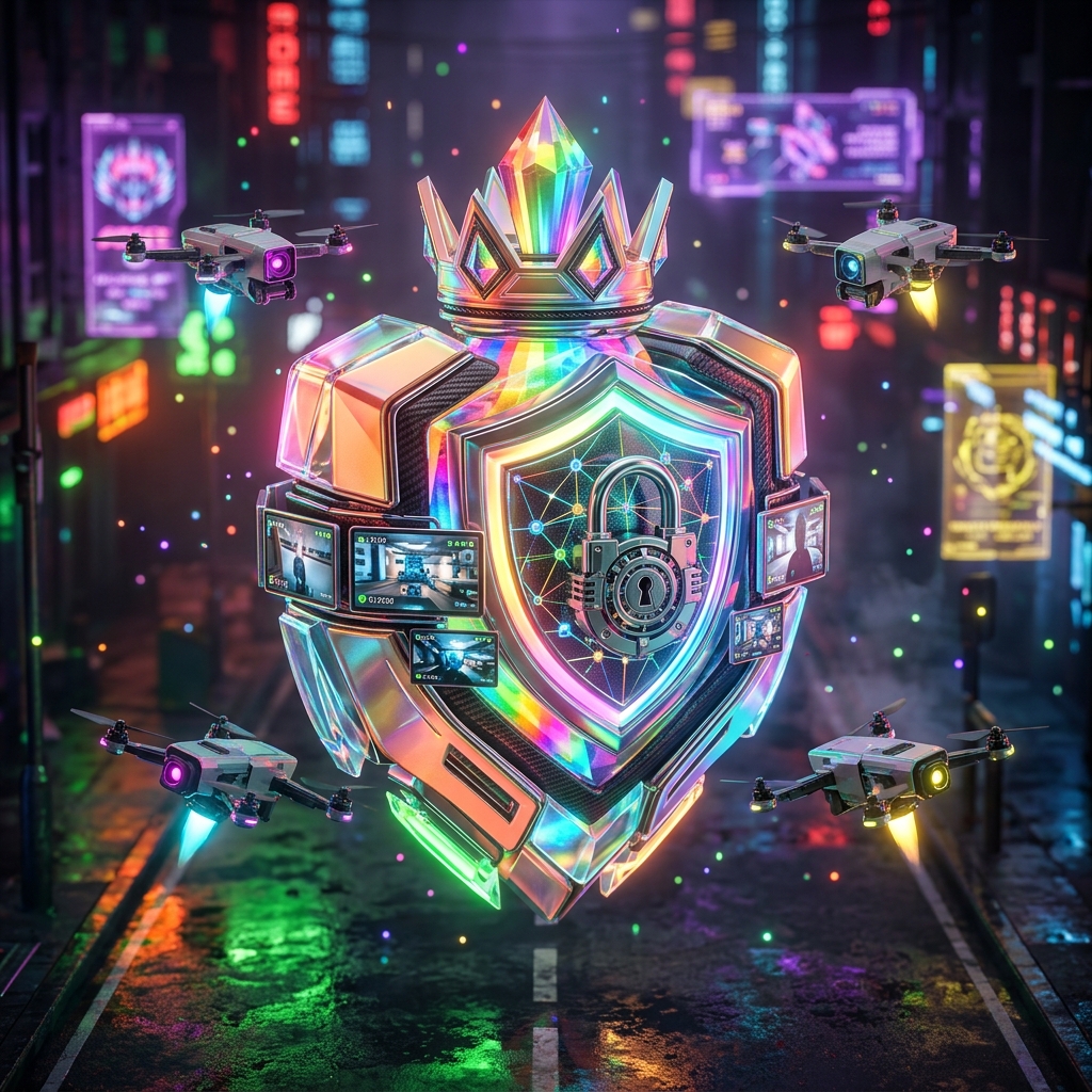 Gridpilot Dispatch — Field Operations Grid — Video Calls category hero — glowing digital shield / padlock / crown / crystal object at the frame center, protected by hovering tech drones in neon-lit cyberpunk street at night, wet pavement reflections, hovering holograms in the background