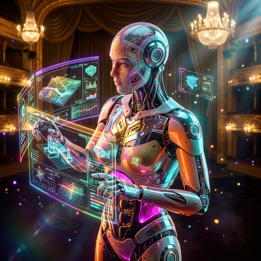 GRIDPULSE – Field Operations Command — 3D Modeling category hero — cinematic cyborg character seen in three-quarter profile, exposed circuitry glowing beneath translucent skin, intense neon rim light in golden-lit theater interior with heavy velvet curtains and cinematic chandeliers