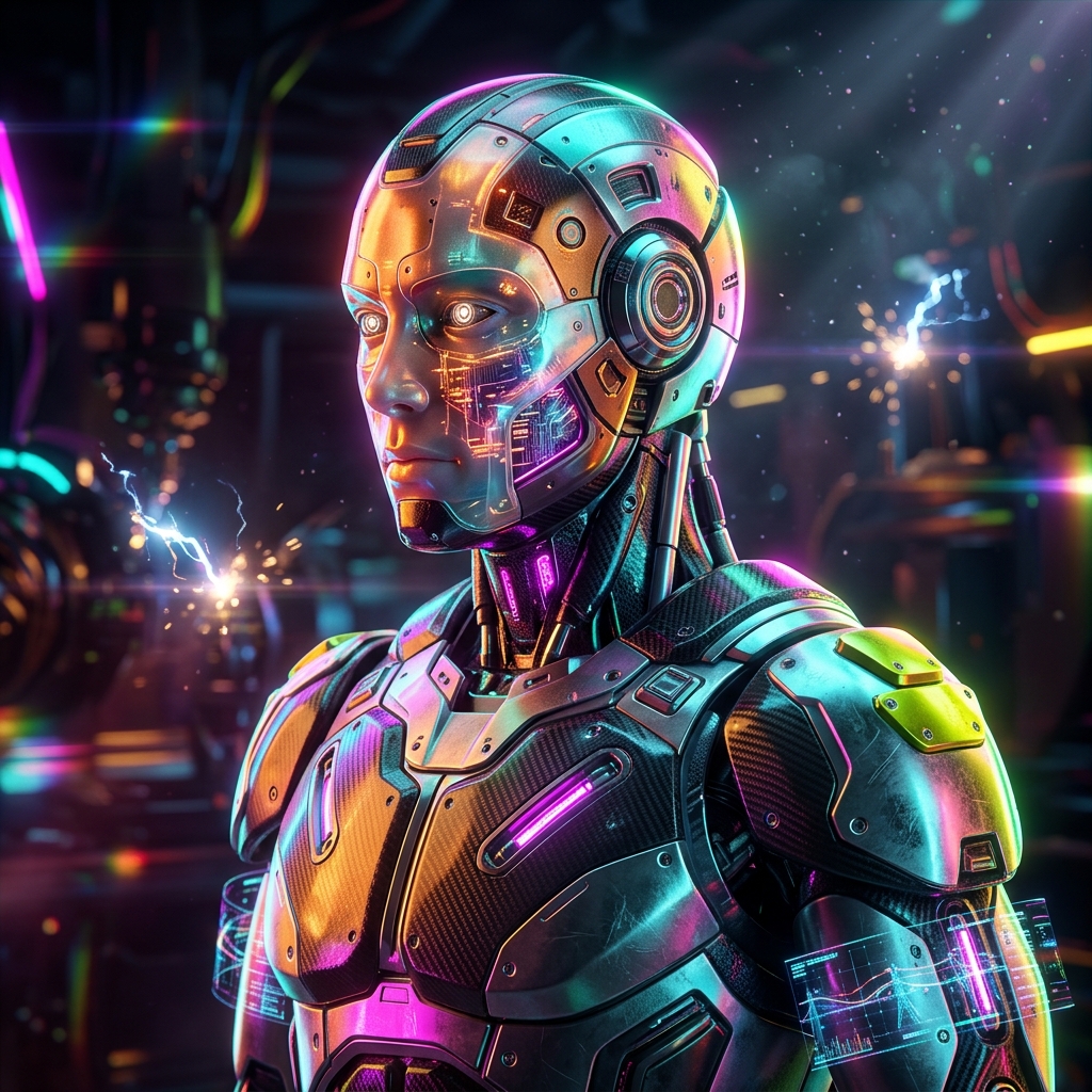 GridSpectra — Reliability Engineering Console — Energy category hero — cinematic cyborg character seen in three-quarter profile, exposed circuitry glowing beneath translucent skin, intense neon rim light in magnetic-levitation factory floor with sparking arcs of electricity and machinery