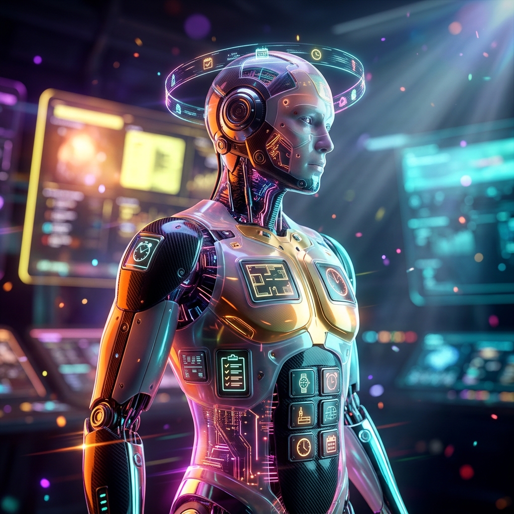 HabitGrid: Daily Planning & Home Operations Cockpit — Home Organization & Daily Planning category hero — cinematic cyborg character seen in three-quarter profile, exposed circuitry glowing beneath translucent skin, intense neon rim light in futuristic control room with massive glowing holographic screens and volumetric light rays