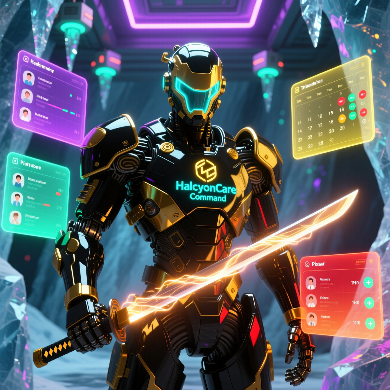 HalcyonCare Command — Clinical Booking & Case Command Center — Booking category hero — majestic samurai-styled mech in lacquered armor with neon under-glow, katana of light in hand in crystalline ice cavern lit by bioluminescent tech installations