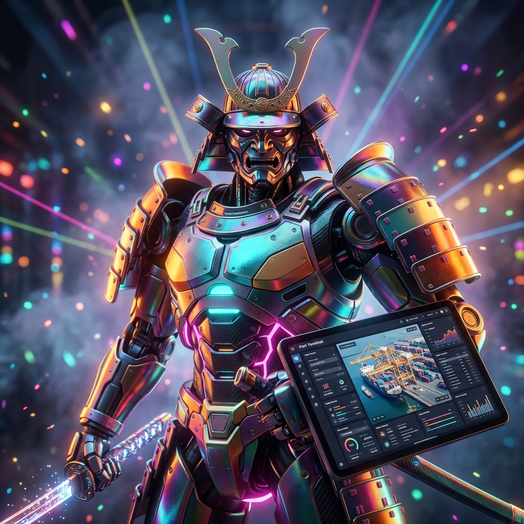HarborCore Terminal | DockFlow Pro — Shipping & Logistics category hero — majestic samurai-styled mech in lacquered armor with neon under-glow, katana of light in hand in underground rave-like data cathedral with laser beams cutting through smoke