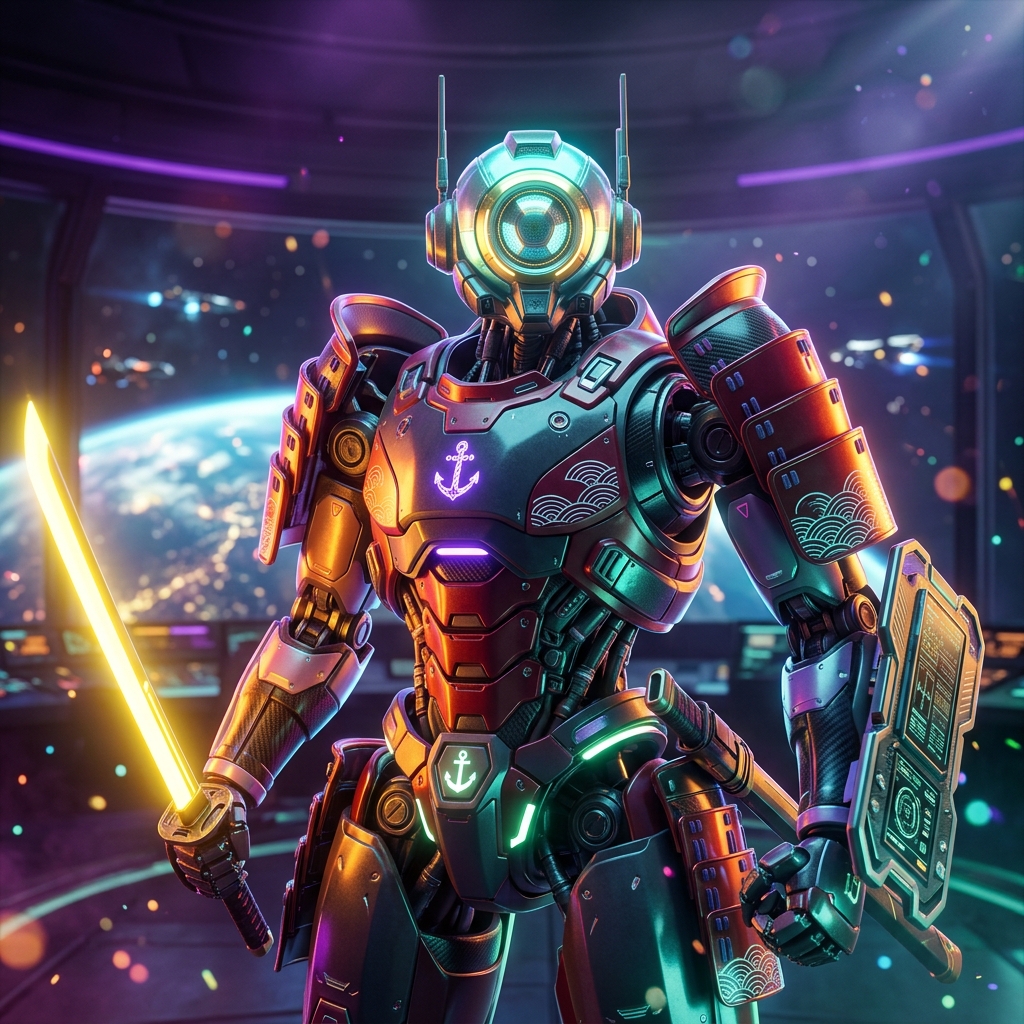 HarborGrid Command | BerthOps Terminal — Shipping & Logistics category hero — majestic samurai-styled mech in lacquered armor with neon under-glow, katana of light in hand in orbital space station observation deck with a planet glowing outside the panoramic window