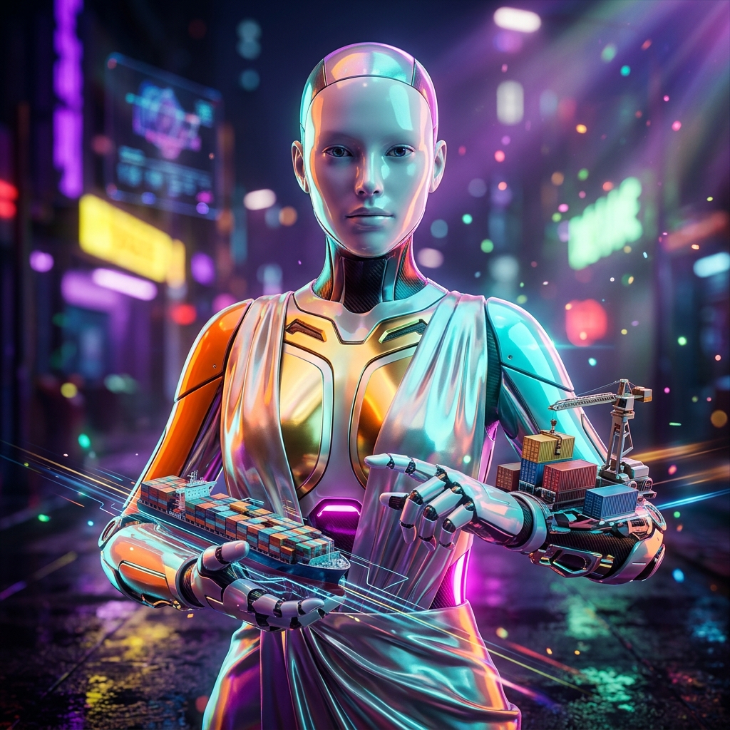 HarborGrid — DockFlow Pro — Shipping & Logistics category hero — elegant fashion-forward android in flowing reflective couture fabric, editorial pose in neon-lit cyberpunk street at night, wet pavement reflections, hovering holograms in the background