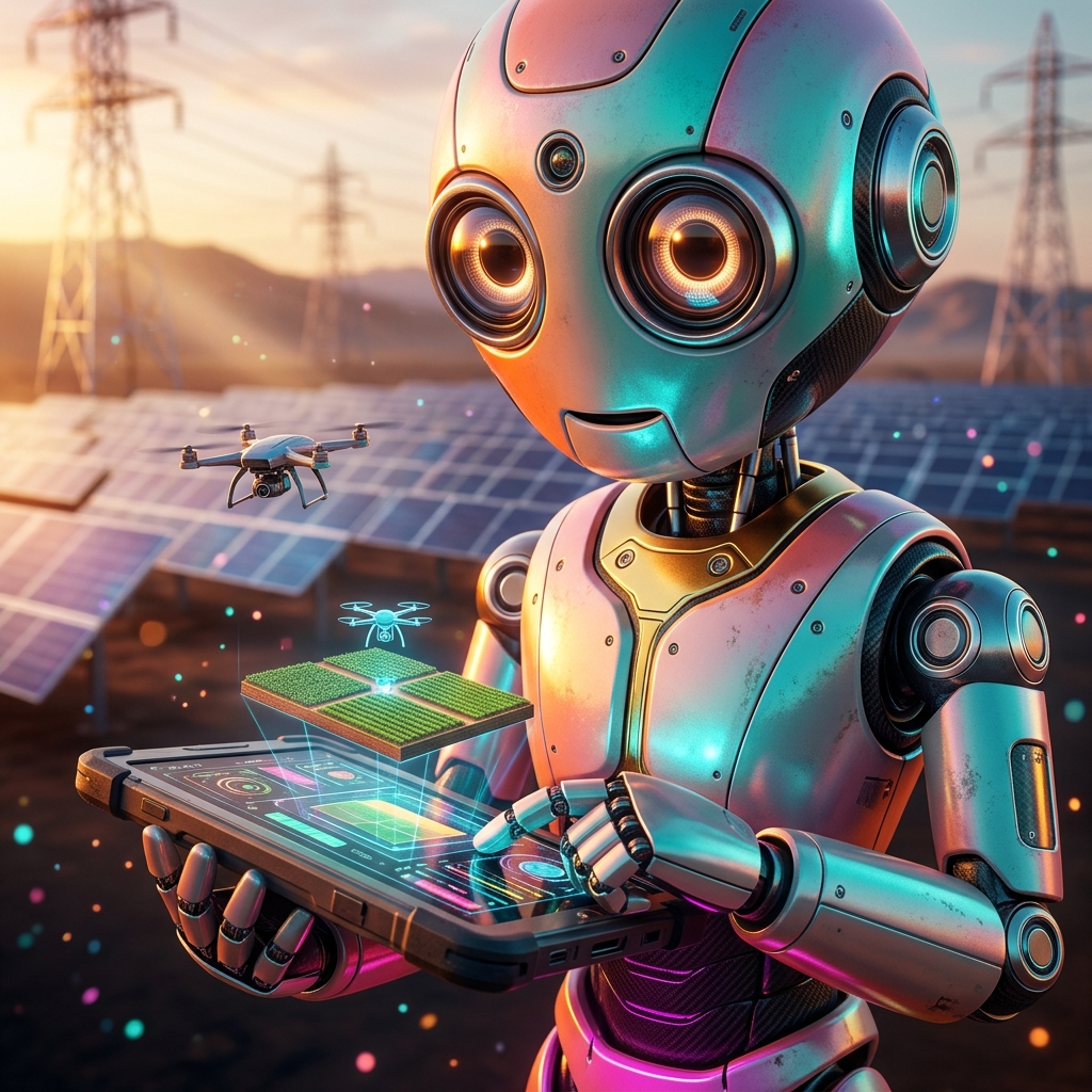 HarvestOS – Field Command for Crop & Farm Operations — 3D Modeling category hero — friendly Pixar-quality mascot robot with big expressive optical eyes, holding an object that represents the category in desert solar farm at magic hour with reflective sand and towering chrome pylons
