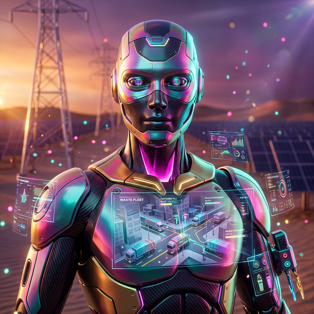 HaulerGrid Command | Waste Fleet & Route Intelligence — Shipping & Logistics category hero — sleek sports-car-inspired bipedal android mid-motion, carbon-fiber musculature and glowing accent lines in desert solar farm at magic hour with reflective sand and towering chrome pylons