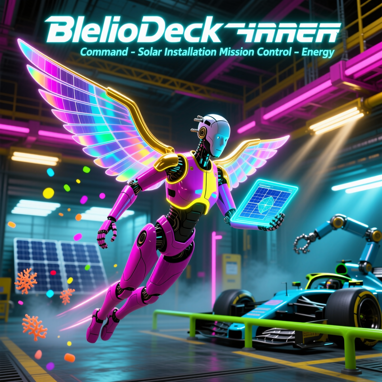 HelioDeck Command — Solar Installation Mission Control — Energy category hero — courier-style android with iridescent wings unfurled, mid-flight silhouette against the environment in Formula-1 style pit garage with saturated color lighting and mechanical detail