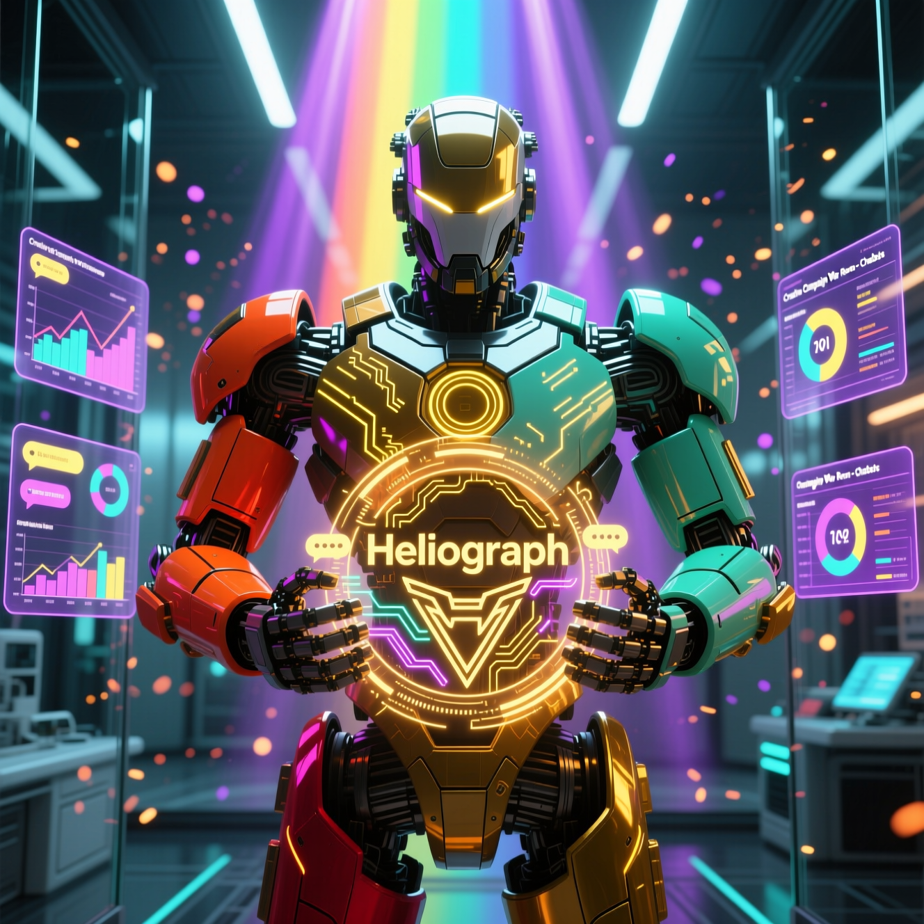 Heliograph — Creative Campaign War Room — Chatbots category hero — heavily armored guardian robot holding a symbolic emblem of the category with both hands in sleek high-tech laboratory with glass walls, floating data panels and particle light