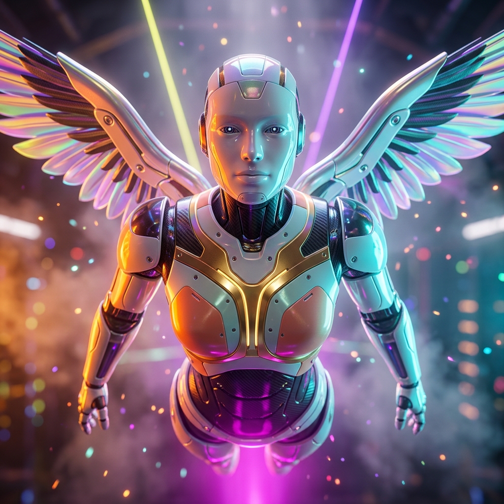 HerdLedger Pro | Livestock Financial & Operations Terminal — Business Management category hero — courier-style android with iridescent wings unfurled, mid-flight silhouette against the environment in underground rave-like data cathedral with laser beams cutting through smoke