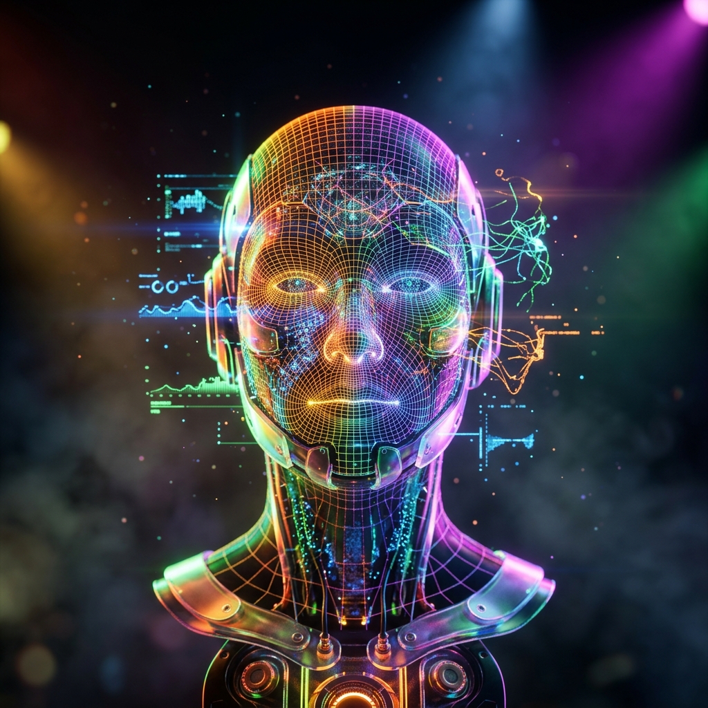 HerdLedger Pro — Livestock Operations Neural Board — Business Management category hero — wireframe holographic human head made of glowing data points, floating in the frame center in dark cinematic stage with dramatic spotlights streaming down and a hazy atmospheric fog