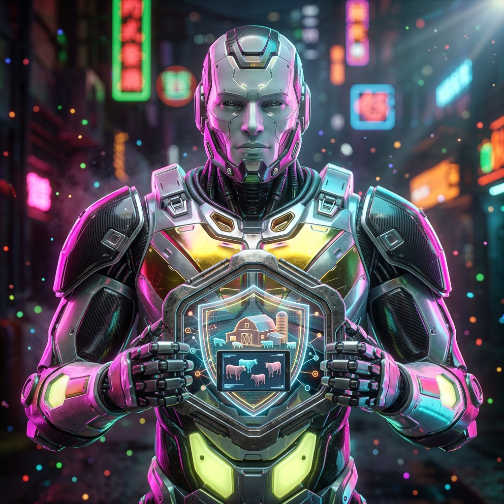 HerdShield Command — Farm Biosecurity Ledger — 3D Modeling category hero — heavily armored guardian robot holding a symbolic emblem of the category with both hands in Blade-Runner-style noodle-shop alley with dense neon signage in the background