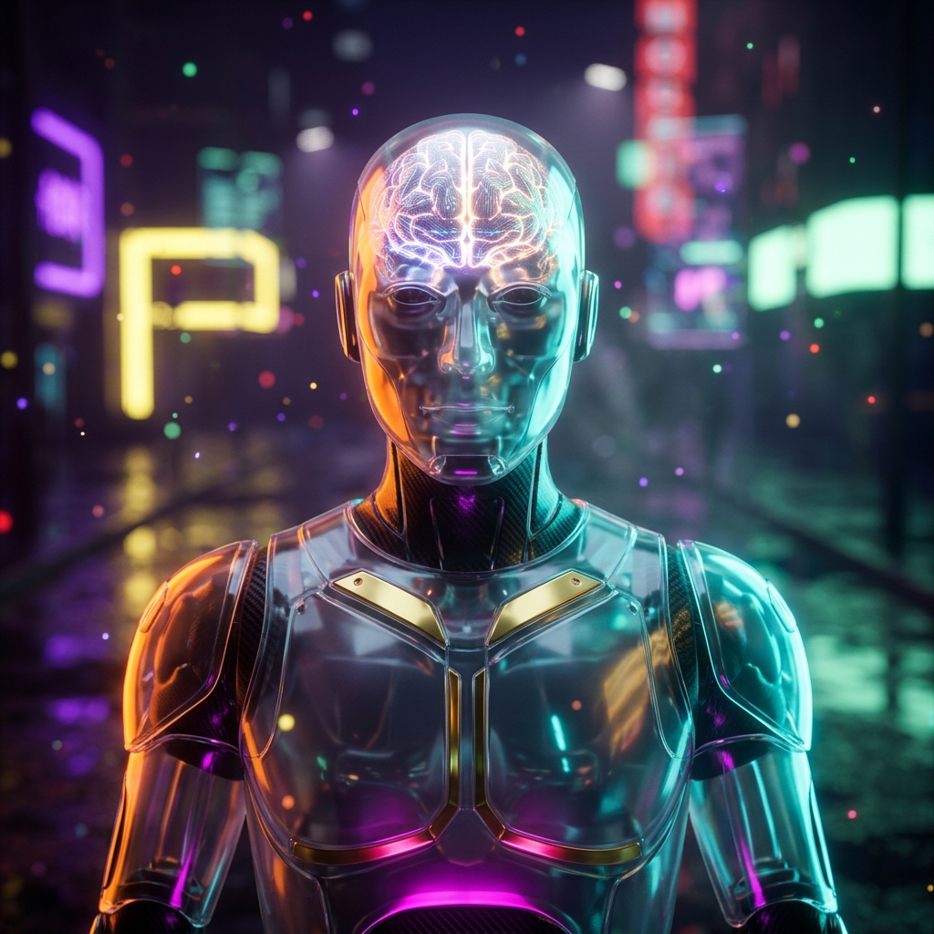 HiveGrid Command – Multi-Vendor Marketplace Mission Control — Business Management category hero — translucent glass humanoid figure with a glowing neural-network brain visible inside its head in neon-lit cyberpunk street at night, wet pavement reflections, hovering holograms in the background