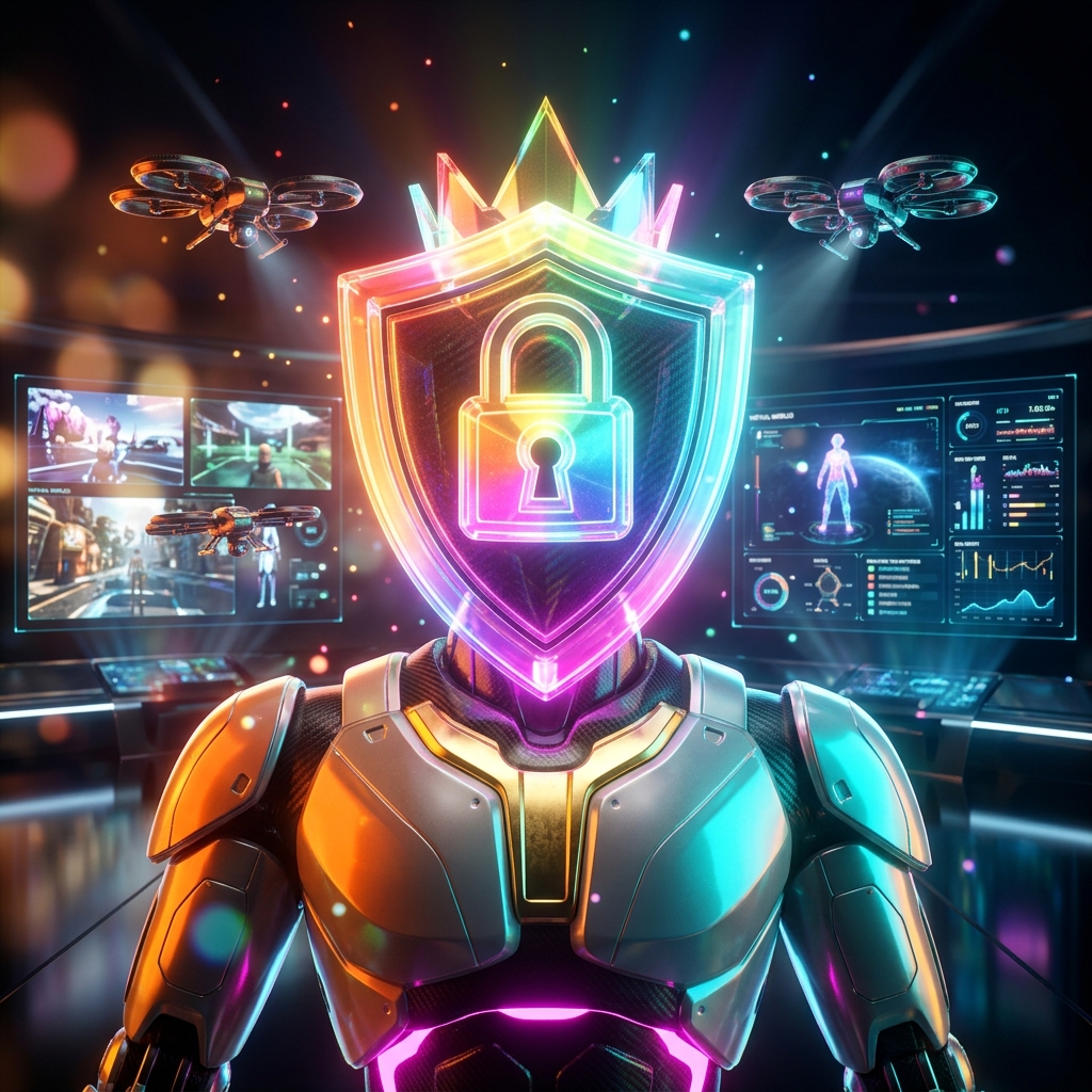 Holobase Mission Cockpit | Metaverse Operations OS — Metaverse category hero — glowing digital shield / padlock / crown / crystal object at the frame center, protected by hovering tech drones in chrome-and-glass showroom with mirrored floor and rim-lit product staging