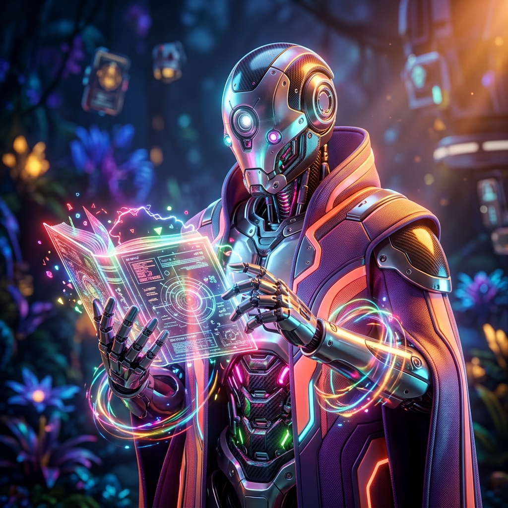 HolodeckXR — AR/VR Studio Production Suite — AR/VR category hero — sci-fi wizard robot with a floating spellbook of holographic glyphs and light particles in alien jungle biome with glowing flora and floating tech artifacts