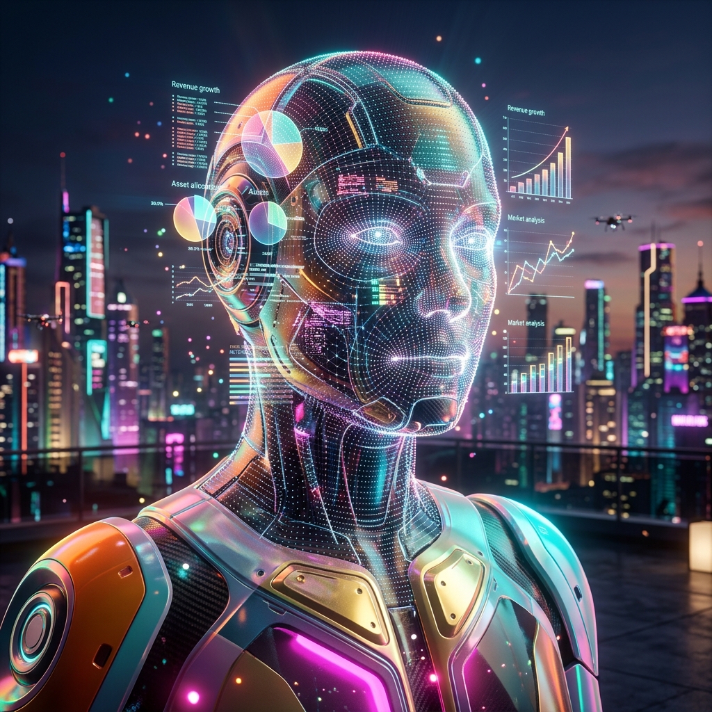 HoloLedger — Financial Strategy Terminal for AR/VR Studios — Finance & Fintech category hero — wireframe holographic human head made of glowing data points, floating in the frame center in rooftop overlooking a neon megacity skyline at dusk, drones flying in the distance