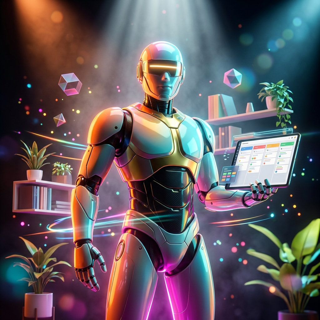 Homeflow Studio — Home Organization & Daily Planning Suite — Home Organization & Daily Planning category hero — hyper-detailed humanoid robot with glossy plating and glowing visor eyes, striking a confident hero pose in the center of the frame in dark cinematic stage with dramatic spotlights streaming down and a hazy atmospheric fog