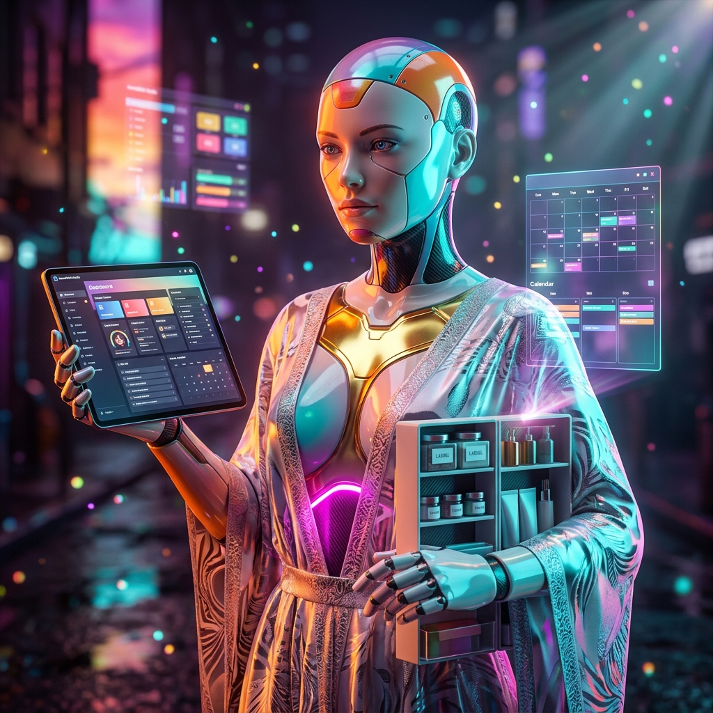 HomeOrbit Studio – Home Organization & Daily Planning Suite — Home Organization & Daily Planning category hero — elegant fashion-forward android in flowing reflective couture fabric, editorial pose in neon-lit cyberpunk street at night, wet pavement reflections, hovering holograms in the background