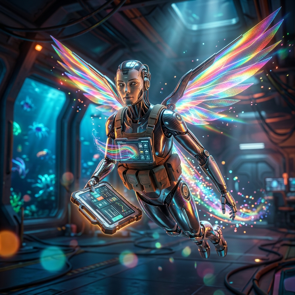 Hotello · Field Operations Grid for Hospitality — Business Management category hero — courier-style android with iridescent wings unfurled, mid-flight silhouette against the environment in deep-sea research bay with bulkhead windows onto a bioluminescent ocean