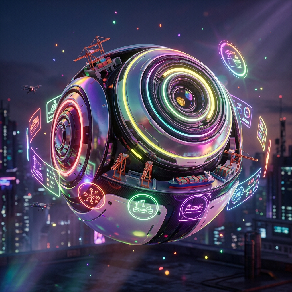 HullSync — DryDock Planner — Shipping & Logistics category hero — floating spherical AI orb with concentric glowing rings and orbiting holographic icons around it in rooftop overlooking a neon megacity skyline at dusk, drones flying in the distance