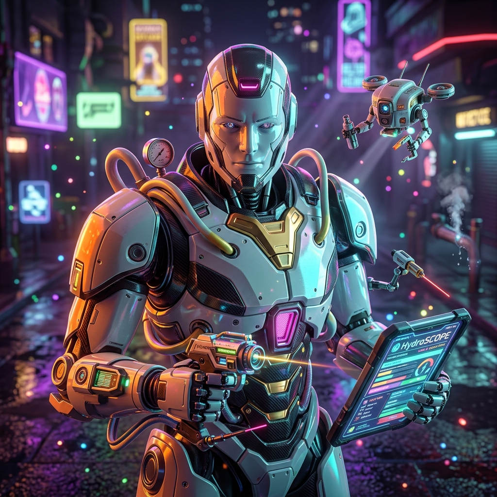 HydroSCOPE Field Command | Leak & Quote Pro — Tools category hero — duo of contrasting robots — one large hero mech and a small companion droid — composed cinematically in neon-lit cyberpunk street at night, wet pavement reflections, hovering holograms in the background